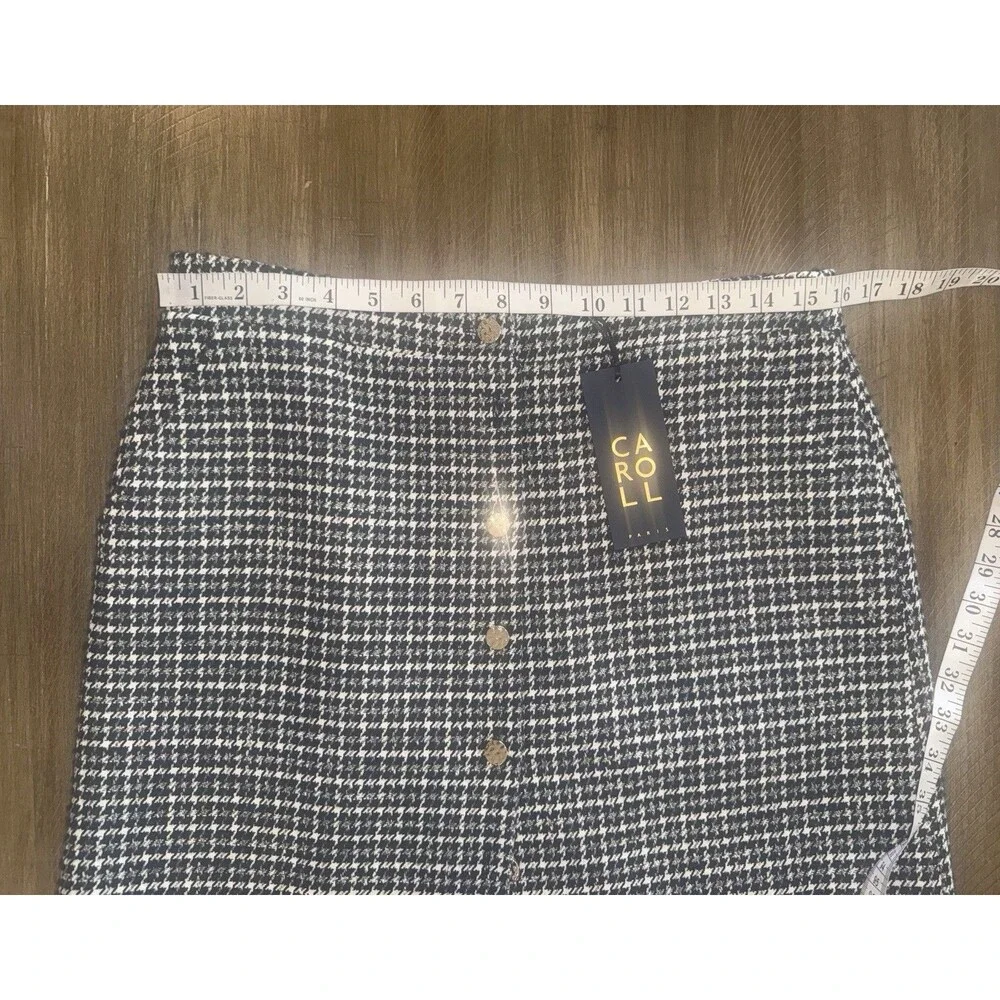 NWT Carroll Paris Blue Houndstooth Wool Tweed Gold Button Skirt Size 40 8/10 M/L